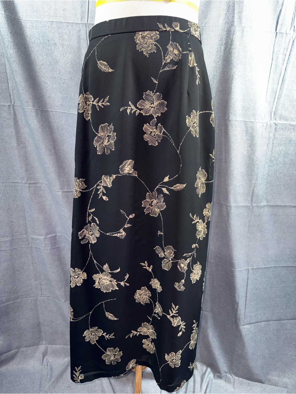 2473-Vintage Pendleton Black Maxi Skirt with Gold Floral Embroidery